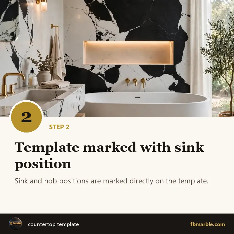 Step 2: Template marked with sink position – countertop template