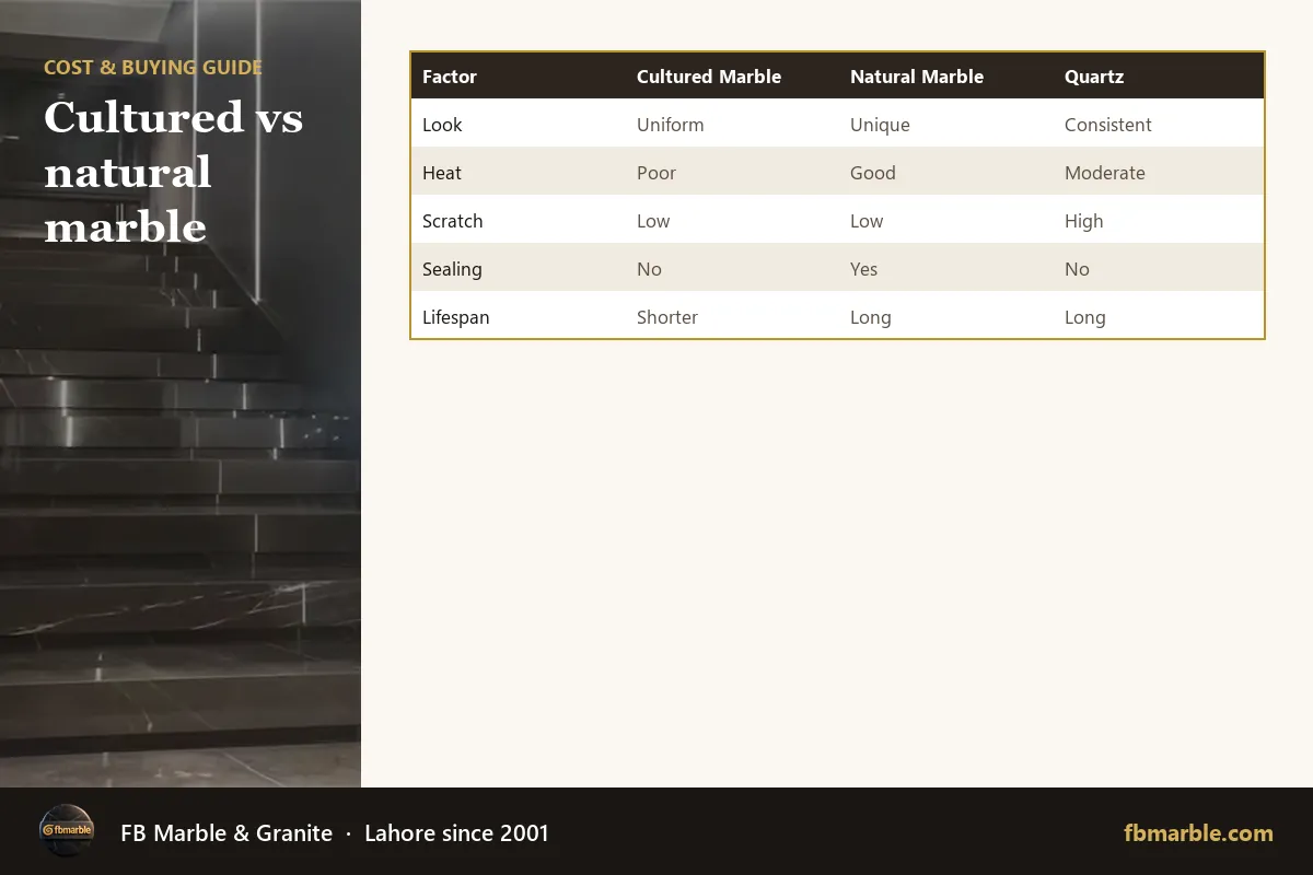 Cultured vs natural marble – cultured marble vanity infographic by FB Marble