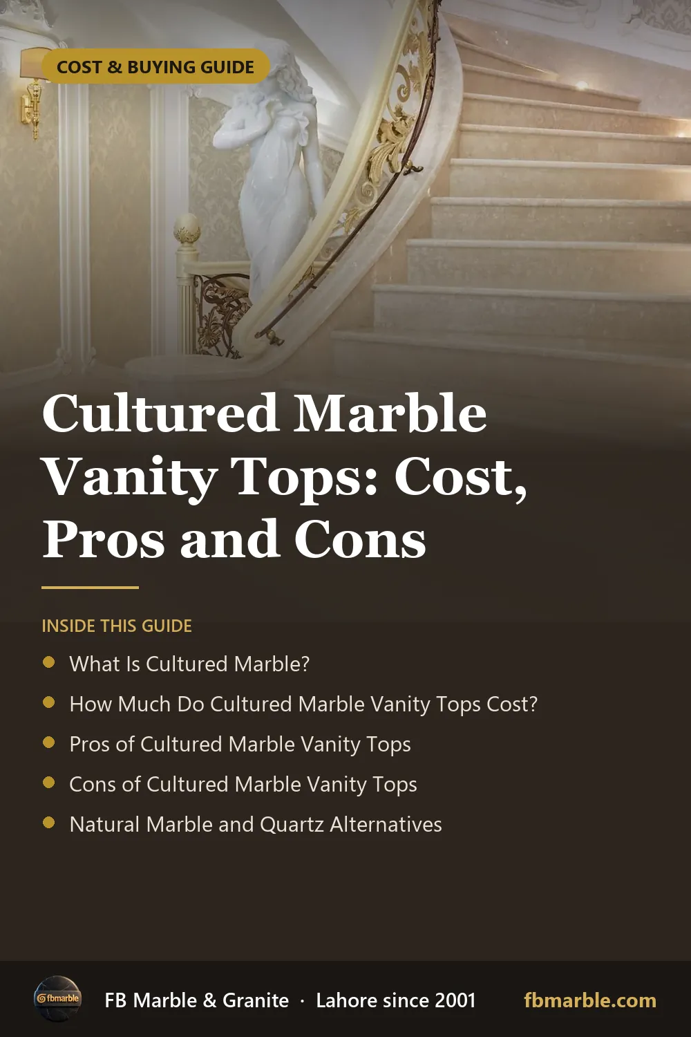 Pinterest graphic: Cultured Marble Vanity Tops: Cost, Pros and Cons – FB Marble guide