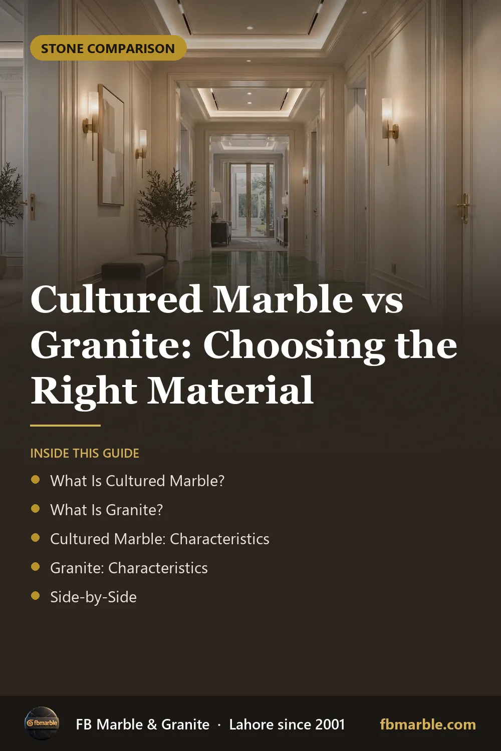 Pinterest graphic: Cultured Marble vs Granite: Choosing the Right Material – FB Marble guide