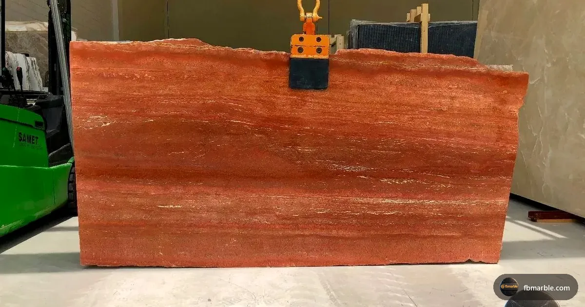 Red Travertine slab from FB Marble Lahore, suited to travertine before and after enhancing sealer