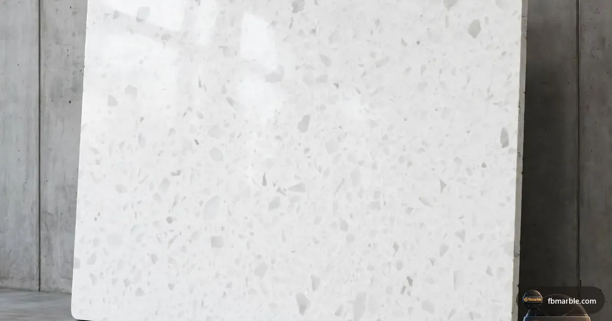 Ice White Quartz slab from FB Marble Lahore, suited to styled quartz counter with plant and fruit bowl
