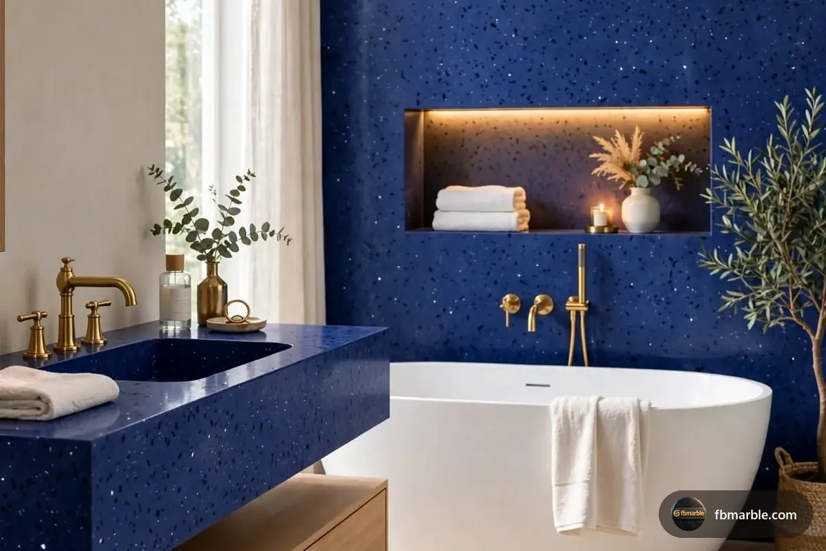 Navy Blue Quartz slab from FB Marble Lahore, suited to herb pots by window