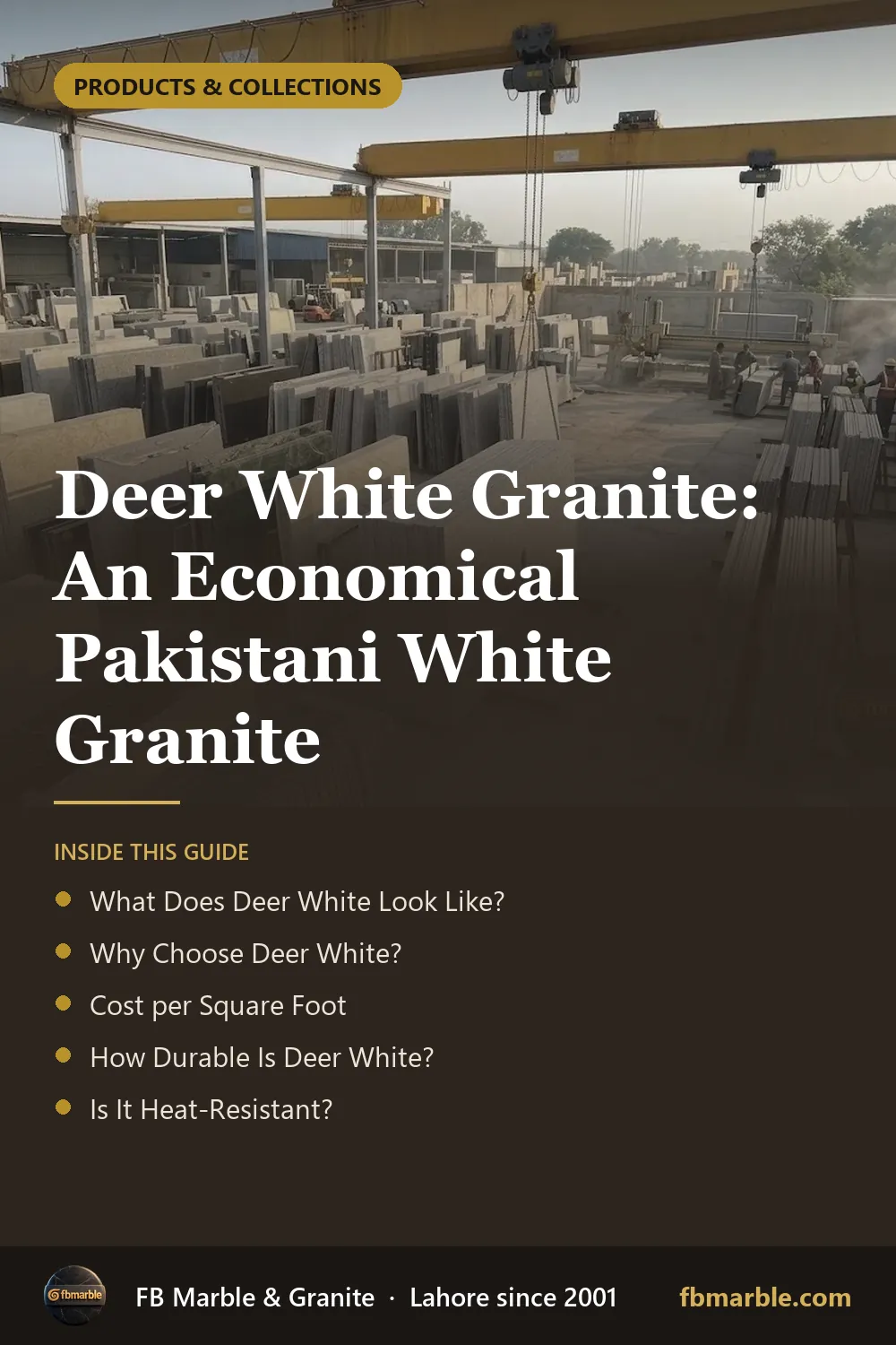 Pinterest graphic: Deer White Granite: An Economical Pakistani White Granite – FB Marble guide