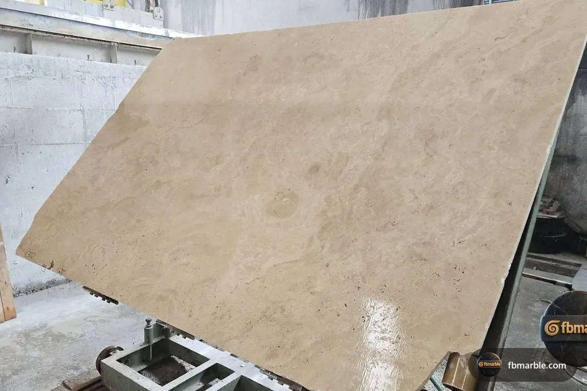 Polished Travertine slab from FB Marble Lahore, suited to polished kitchen counter