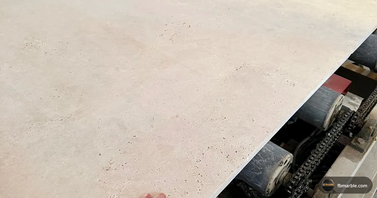 Polished Travertine slab from FB Marble Lahore, suited to raw rock outcrop vs polished stone slab