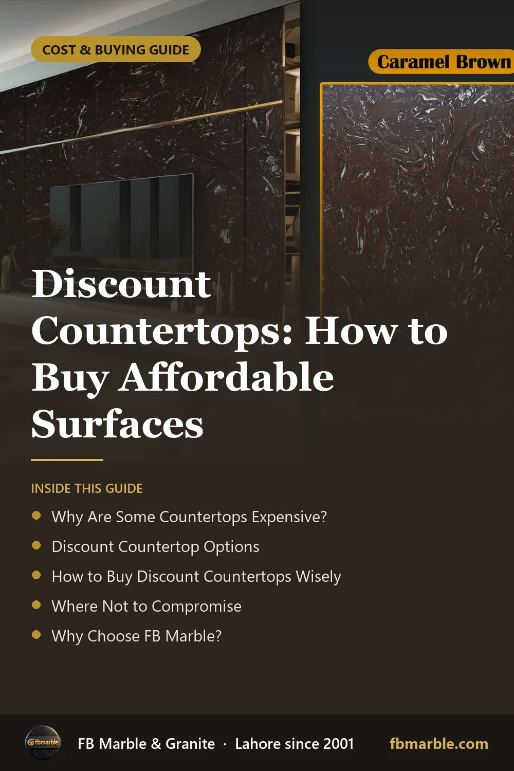 Pinterest graphic: Discount Countertops: How to Buy Affordable Surfaces โ FB Marble guide