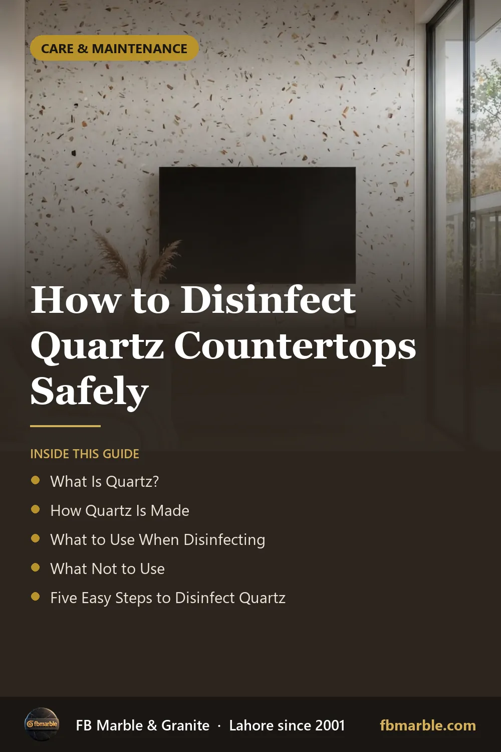 Pinterest graphic: How to Disinfect Quartz Countertops Safely – FB Marble guide