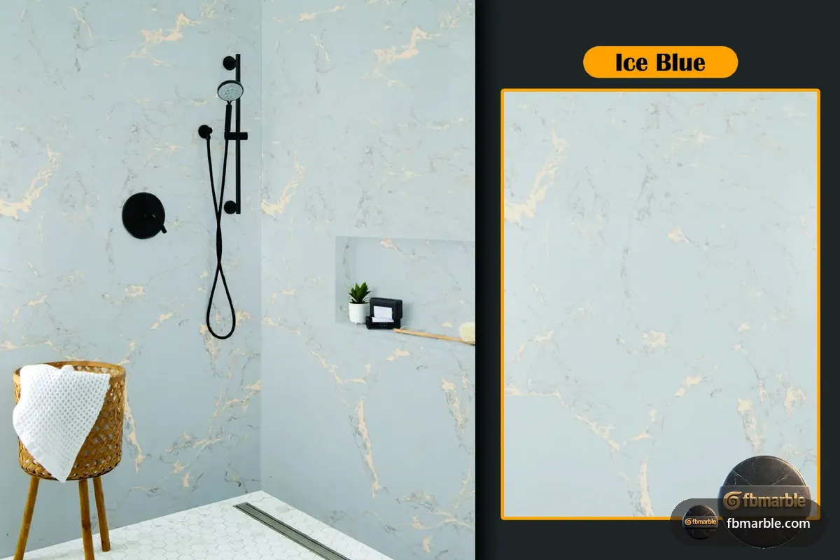 Ice Blue Quartz slab from FB Marble Lahore, suited to raw meat prep on board