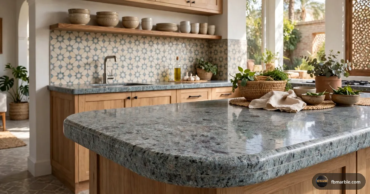 Kitchen with Kashmir White granite counters and walnut cabinets