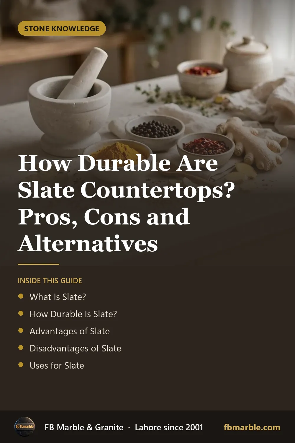 Pinterest graphic: How Durable Are Slate Countertops? Pros, Cons and Alternatives – FB Marble guide