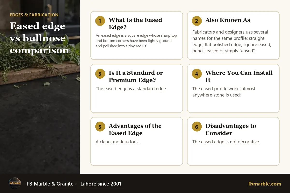 Eased edge vs bullnose comparison – eased edge countertop infographic by FB Marble