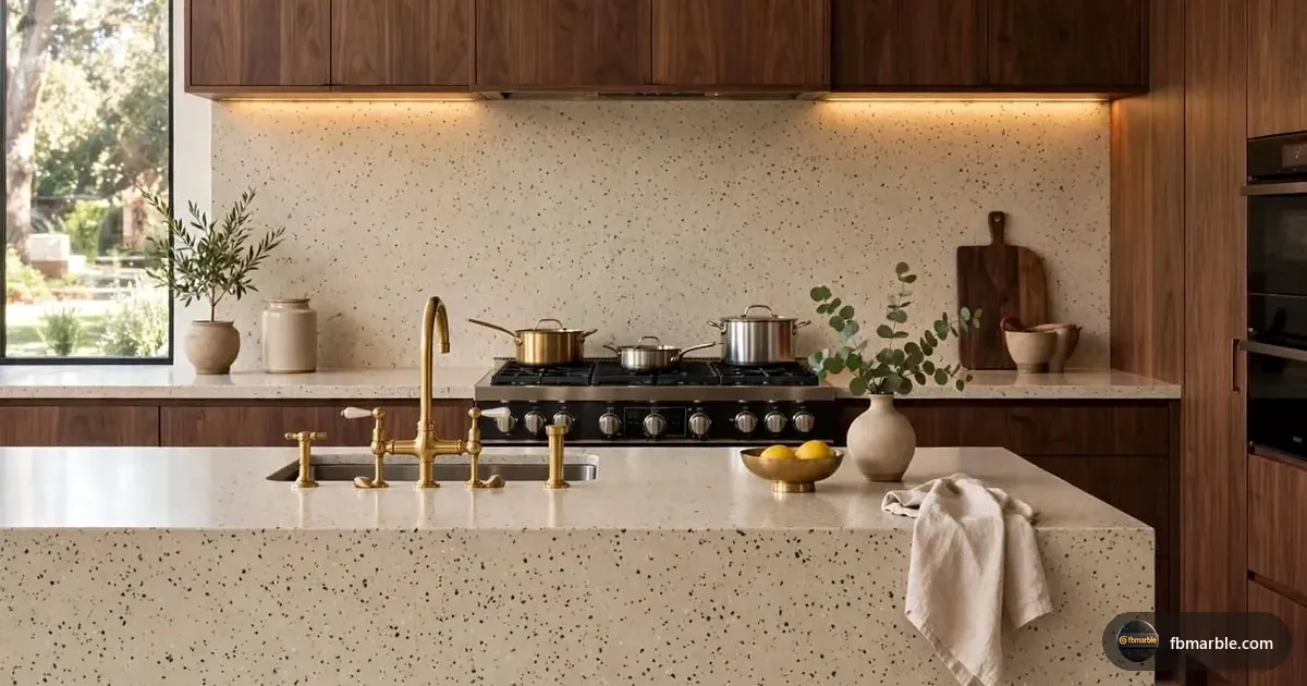 Sahara Beige Quartz slab from FB Marble Lahore, suited to eco-friendly kitchen with natural materials