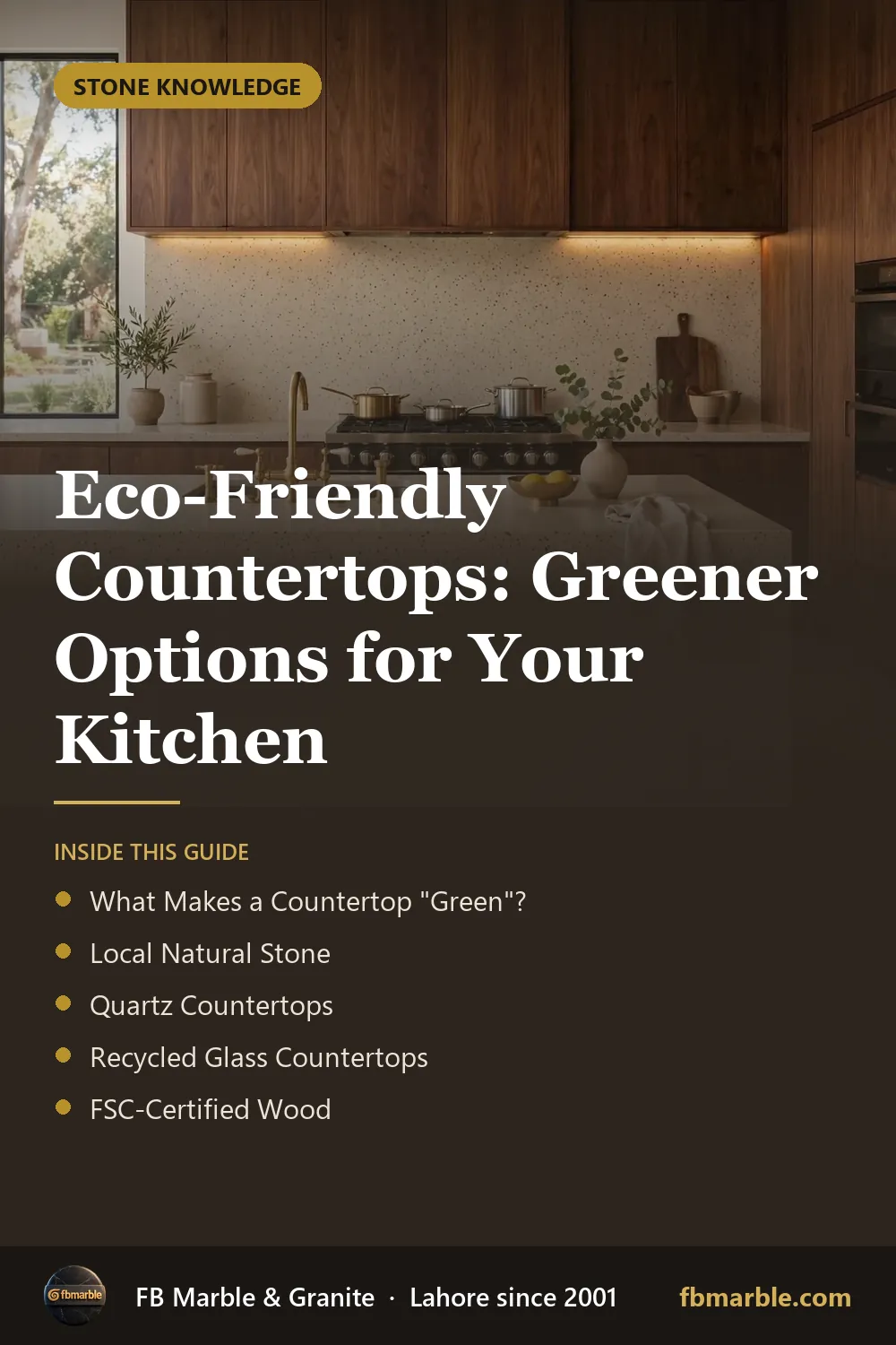 Pinterest graphic: Eco-Friendly Countertops: Greener Options for Your Kitchen – FB Marble guide