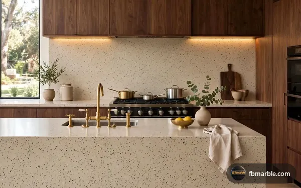 Sahara Beige Quartz slab from FB Marble Lahore, suited to eco-friendly kitchen with natural materials