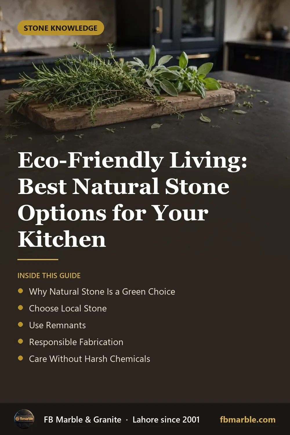 Pinterest graphic: Eco-Friendly Living: Best Natural Stone Options for Your Kitchen – FB Marble guide