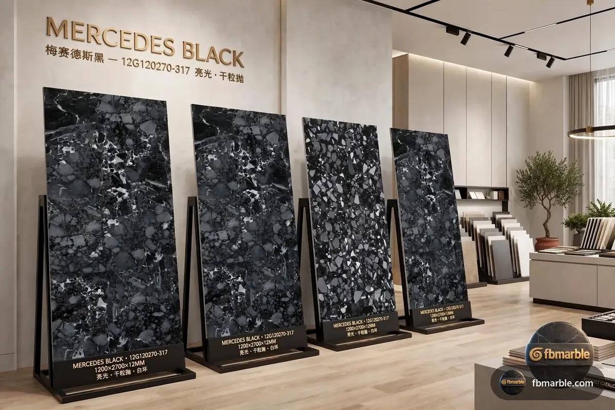 Mercedes Black Porcelain slab from FB Marble Lahore, suited to reused stone offcuts