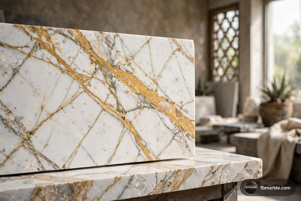 Kitchen island with waterfall edge in Calacatta Gold quartz