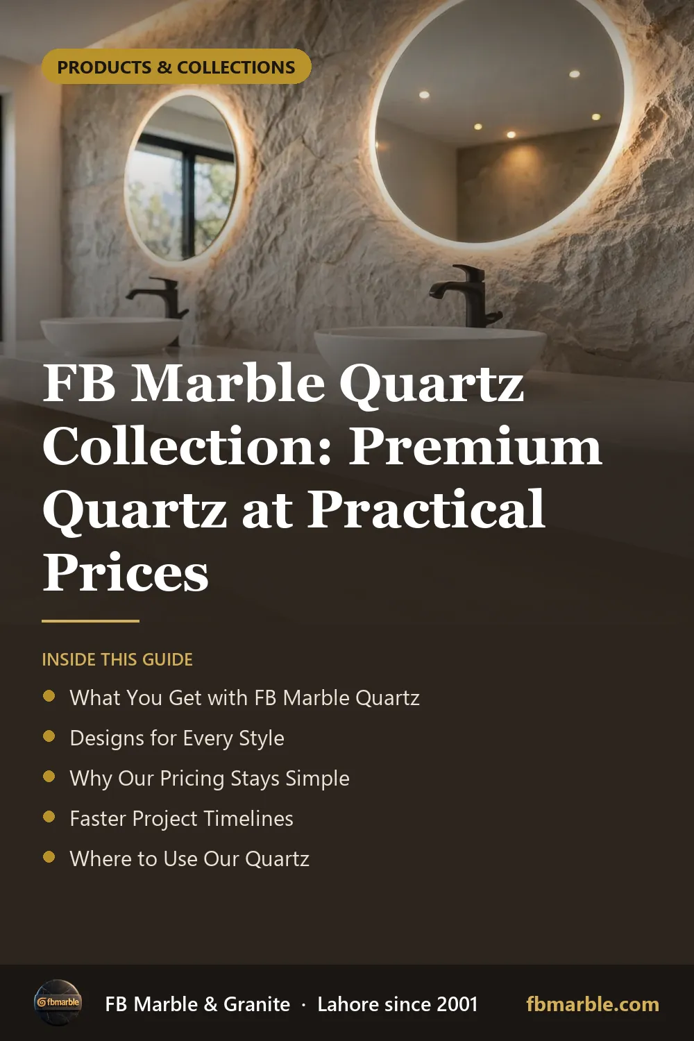 Pinterest graphic: FB Marble Quartz Collection: Premium Quartz at Practical Prices – FB Marble guide
