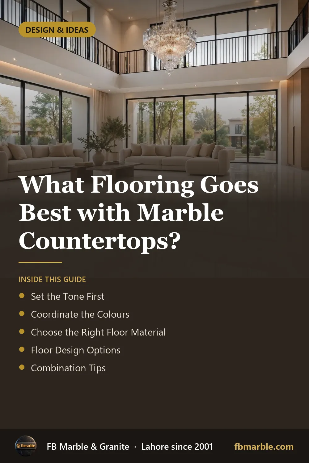 Pinterest graphic: What Flooring Goes Best with Marble Countertops? – FB Marble guide