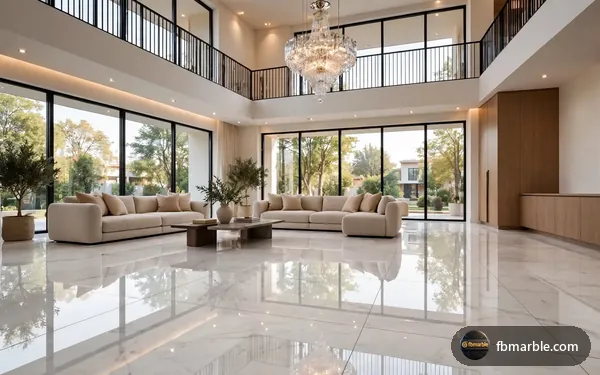 Double-height lounge with a Ziarat White marble floor