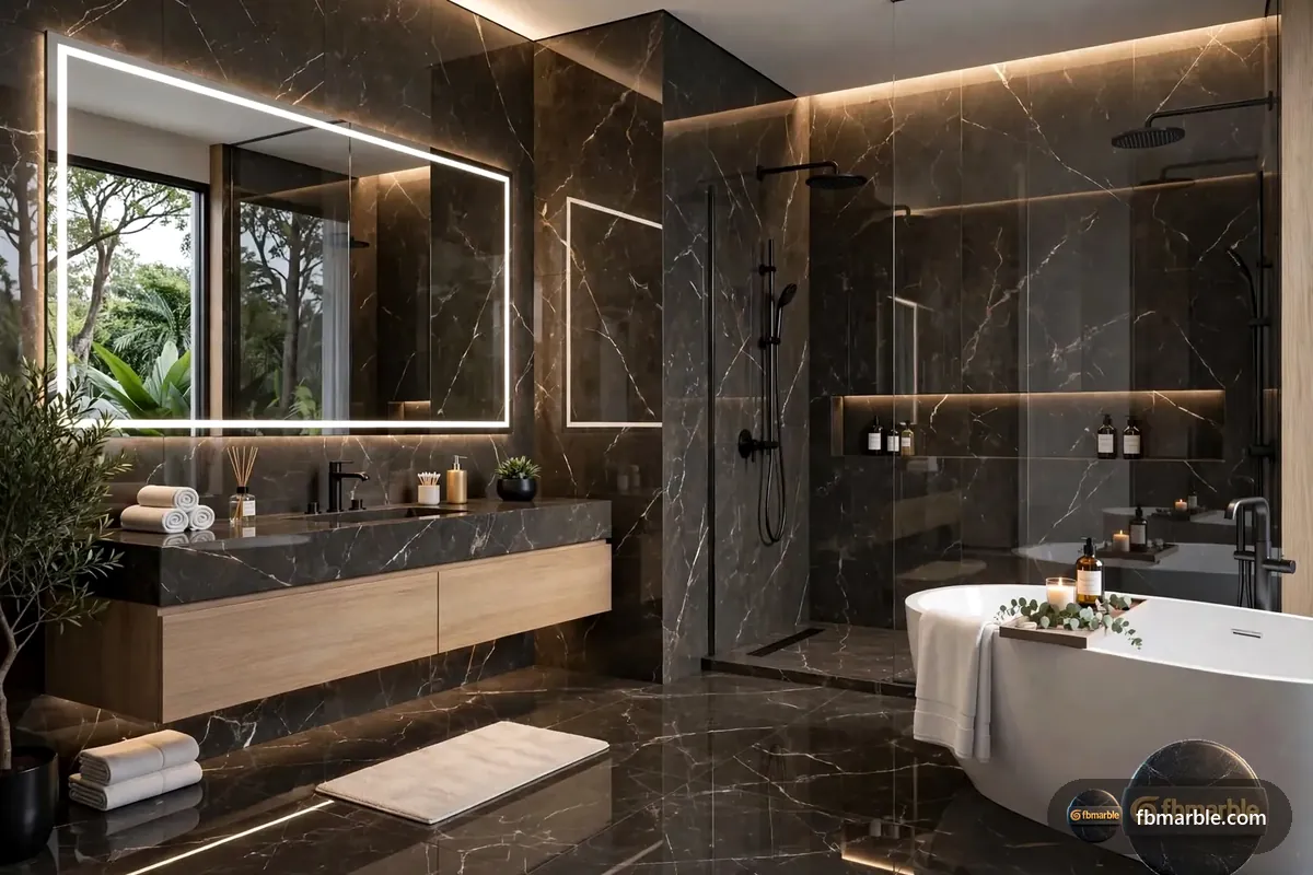 Quiet Gray Brown Porcelain slab from FB Marble Lahore, suited to grey porcelain floor with white marble vanity