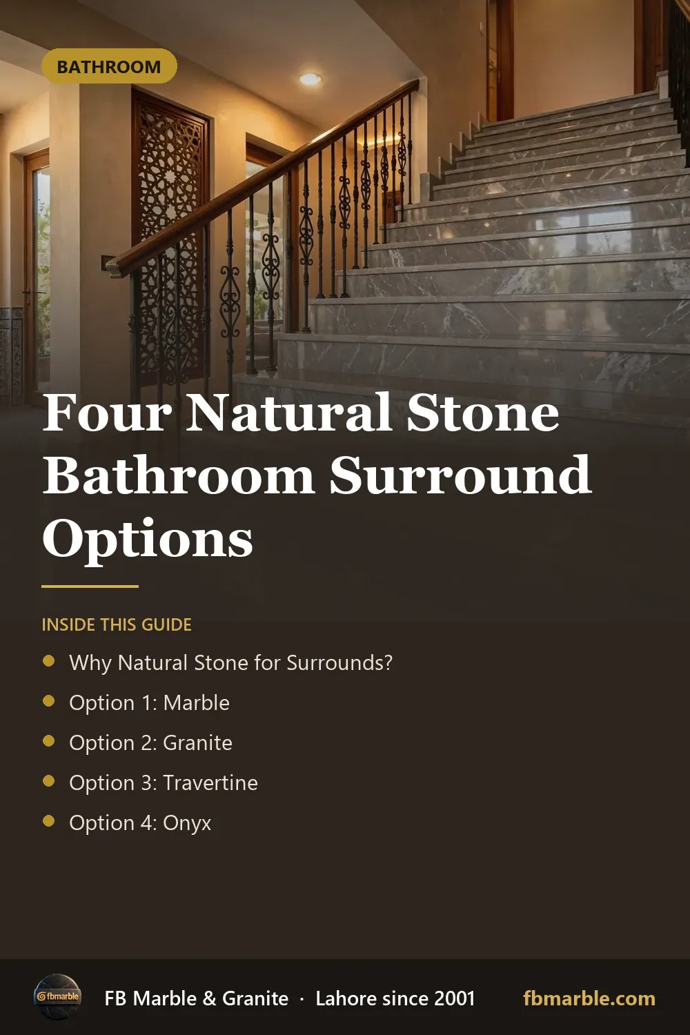 Pinterest graphic: Four Natural Stone Bathroom Surround Options – FB Marble guide