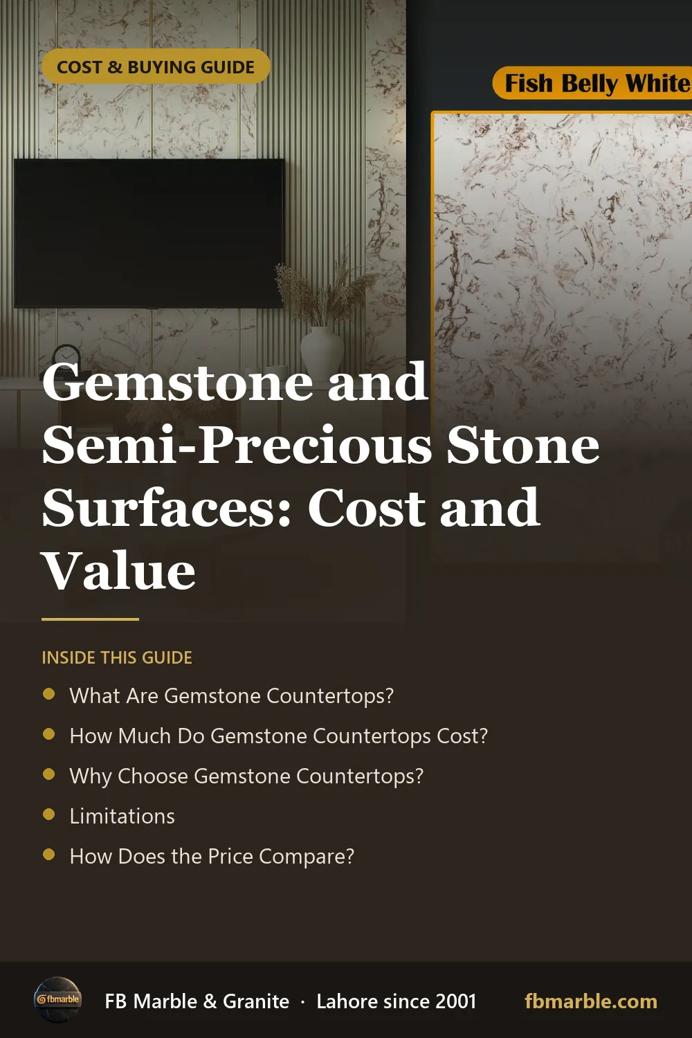Pinterest graphic: Gemstone and Semi-Precious Stone Surfaces: Cost and Value – FB Marble guide