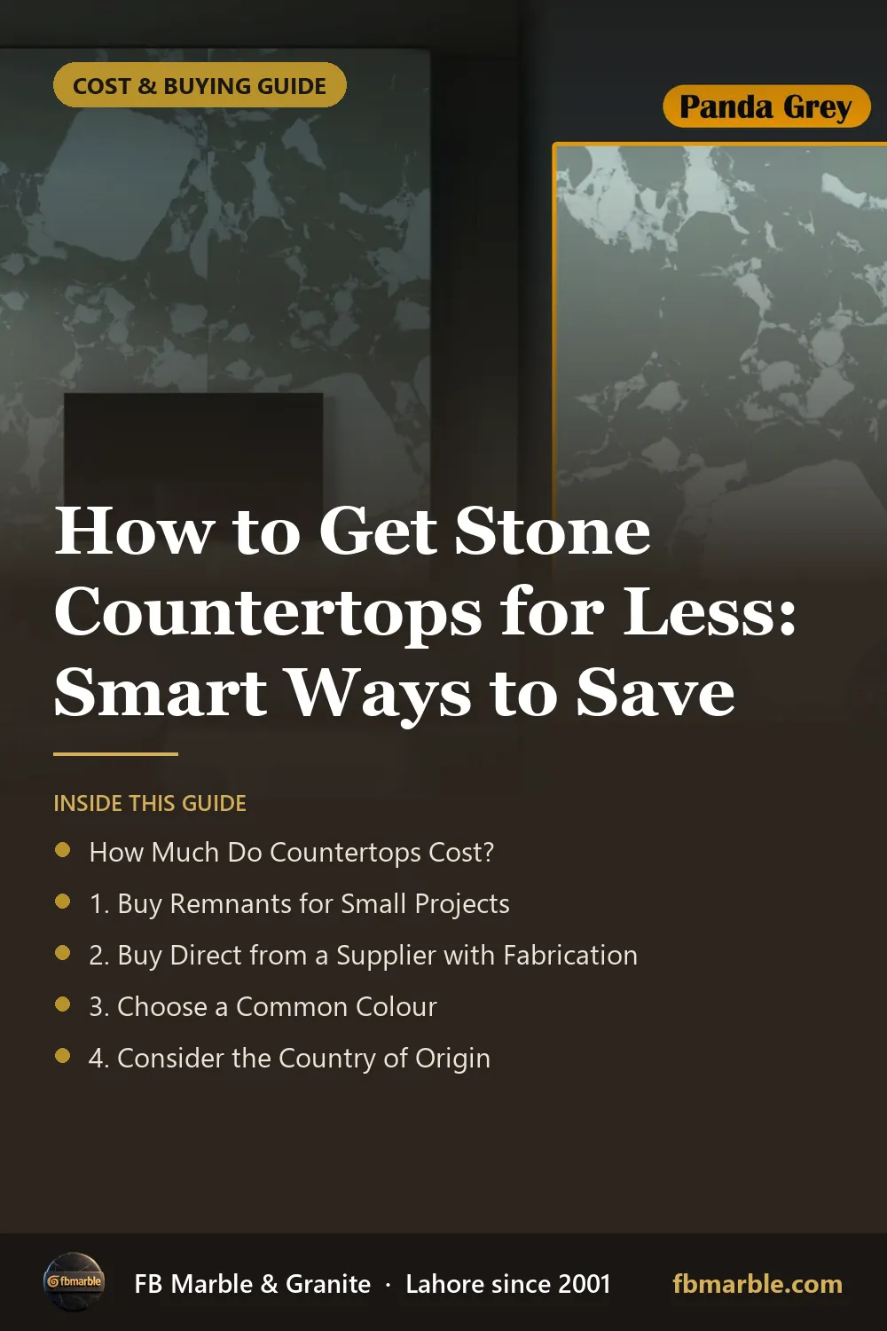 Pinterest graphic: How to Get Stone Countertops for Less: Smart Ways to Save – FB Marble guide