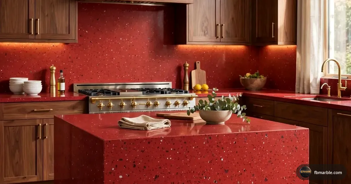 Gulf Red Quartz slab from FB Marble Lahore, suited to glass countertop with backlighting