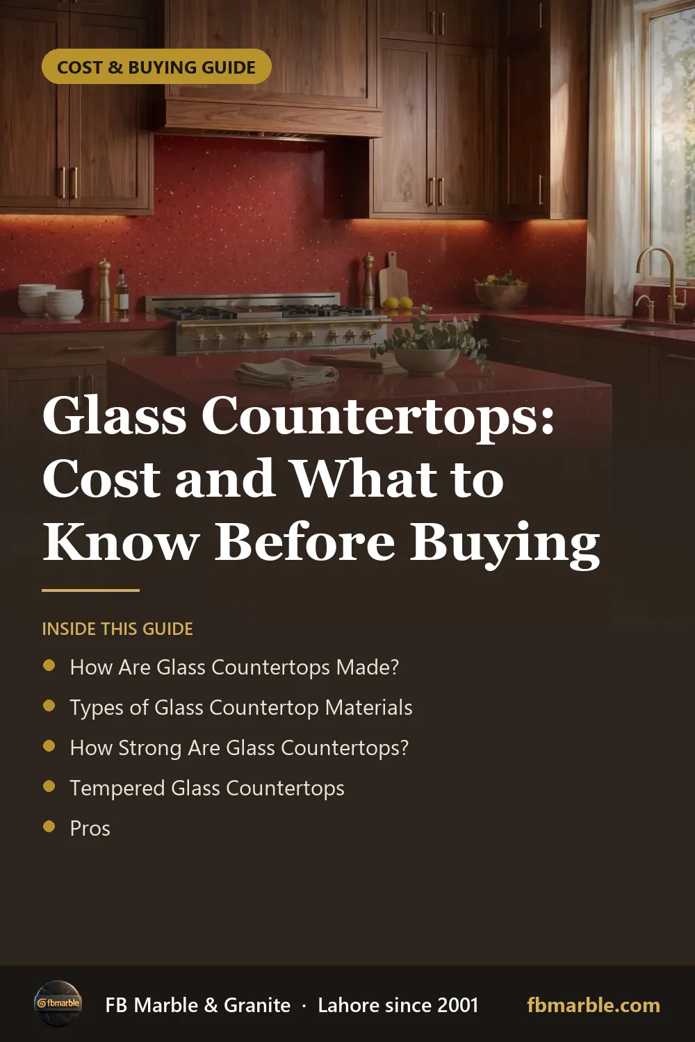 Pinterest graphic: Glass Countertops: Cost and What to Know Before Buying – FB Marble guide