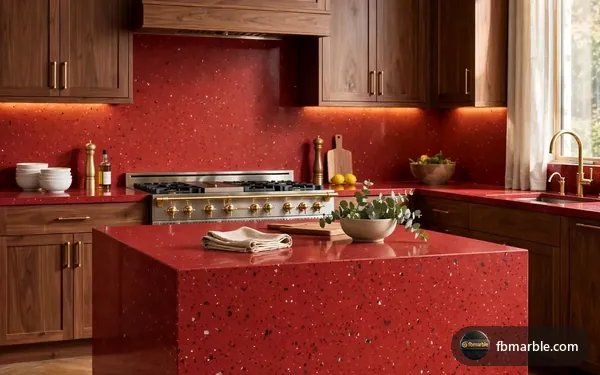Gulf Red Quartz slab from FB Marble Lahore, suited to glass countertop with backlighting