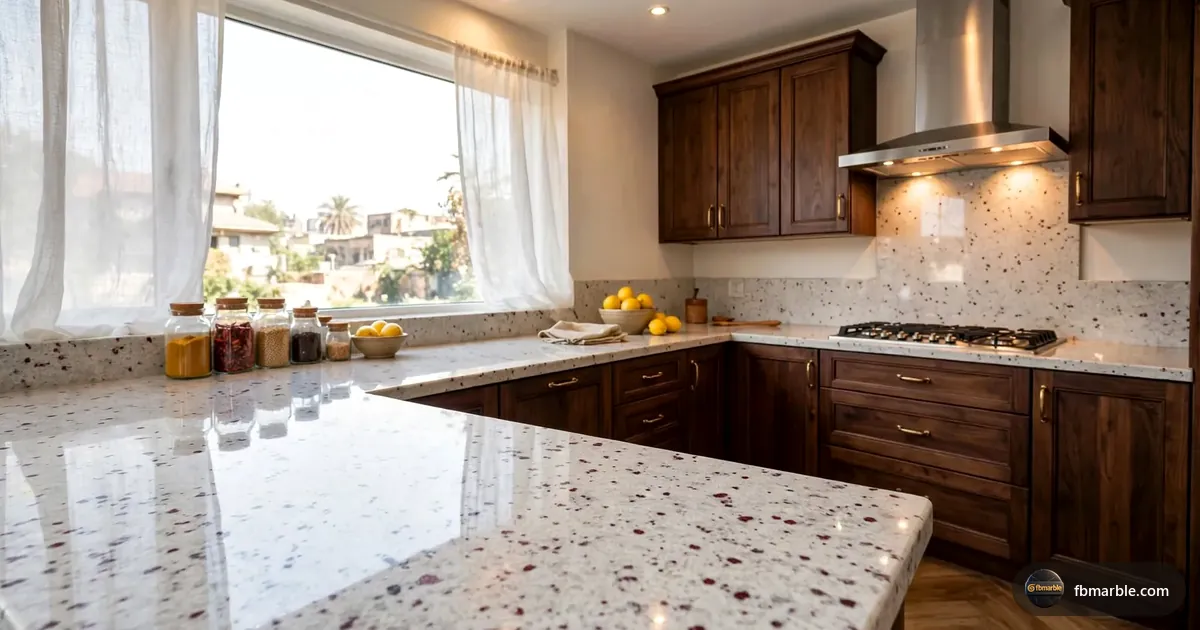 Kitchen with Kashmir White granite counters and walnut cabinets