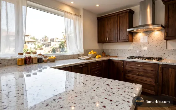 Kitchen with Kashmir White granite counters and walnut cabinets