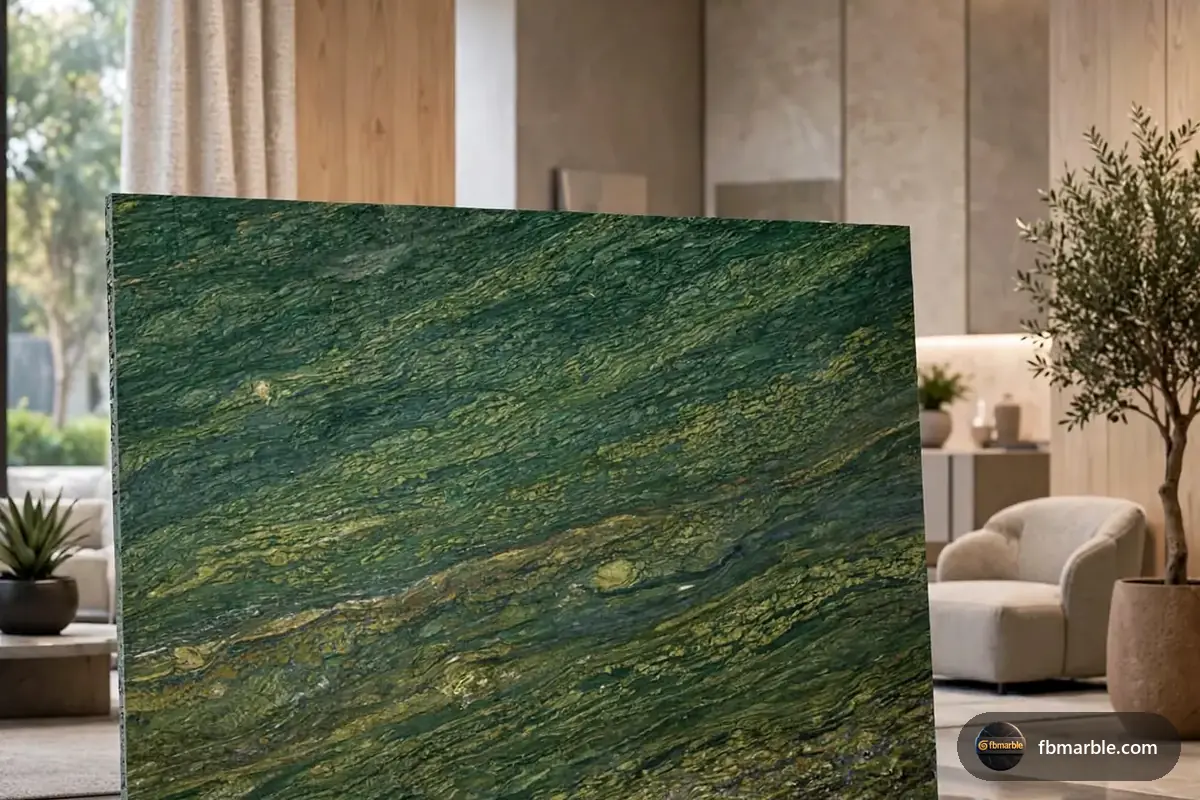 Picasso Green Granite slab from FB Marble Lahore, suited to home bar