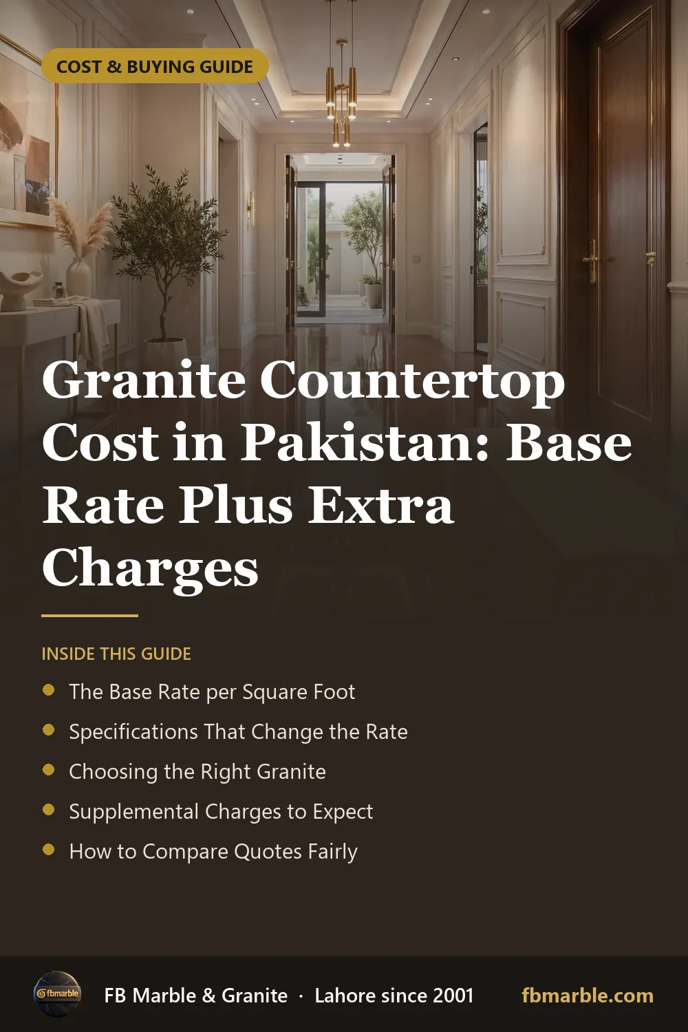 Pinterest graphic: Granite Countertop Cost in Pakistan: Base Rate Plus Extra Charges – FB Marble guide