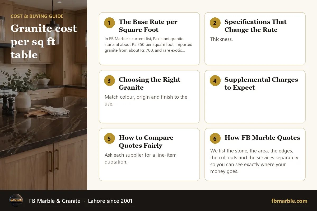 Granite cost per sq ft table – granite cost per sq ft extra charges infographic by FB Marble