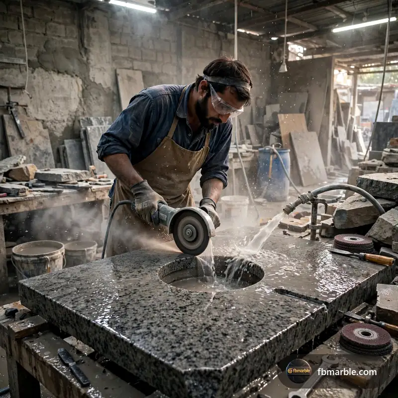 Step 1: Fabricator cutting a sink hole – granite countertop cost Pakistan