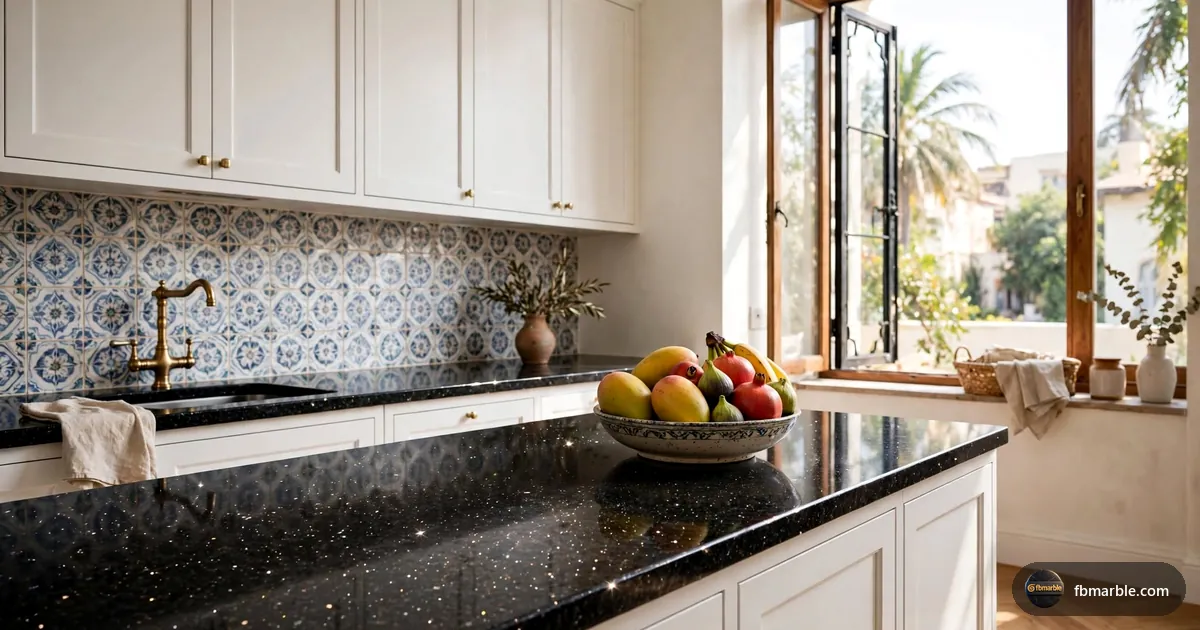 Black granite kitchen counter in a Lahore home – granite countertop cost Pakistan