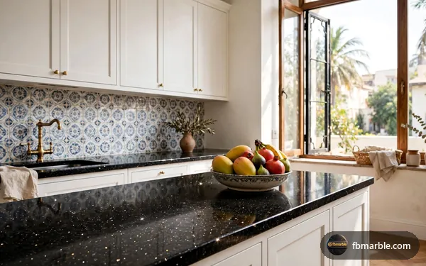 Kitchen with Kashmir White granite counters and walnut cabinets