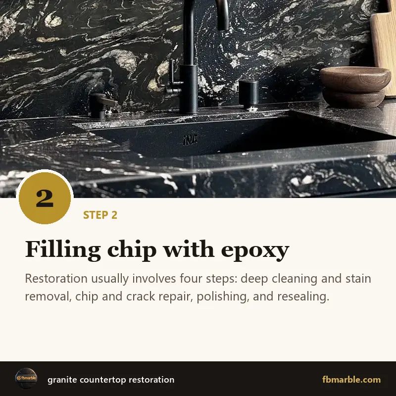 Step 2: Filling chip with epoxy – granite countertop restoration