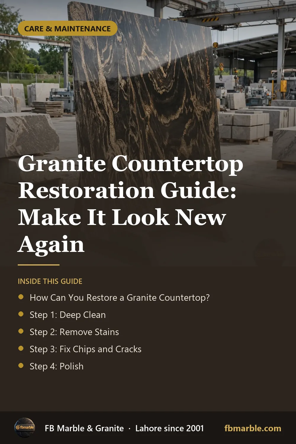 Pinterest graphic: Granite Countertop Restoration Guide: Make It Look New Again – FB Marble guide