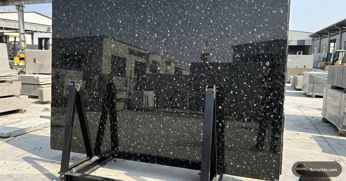 Black Pearl Granite slab from FB Marble Lahore, suited to wooden cabinets with black pearl granite