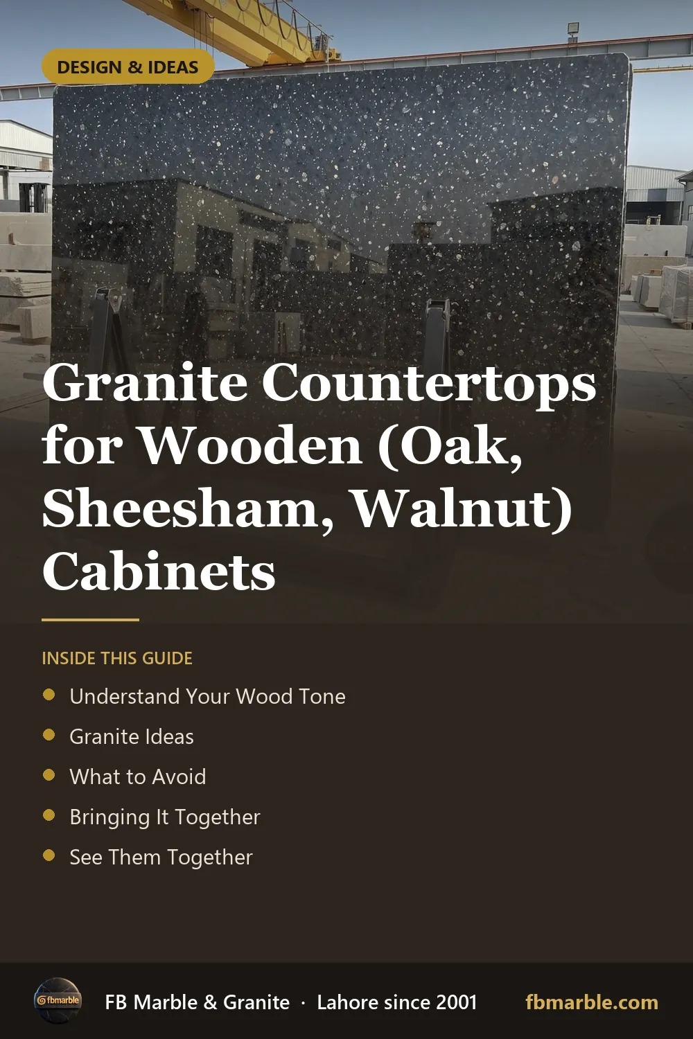 Pinterest graphic: Granite Countertops for Wooden (Oak, Sheesham, Walnut) Cabinets – FB Marble guide