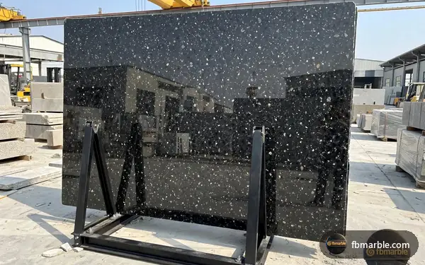 Black Pearl Granite slab from FB Marble Lahore, suited to wooden cabinets with black pearl granite