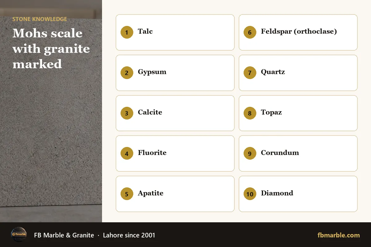 Mohs scale with granite marked – granite hardness infographic by FB Marble