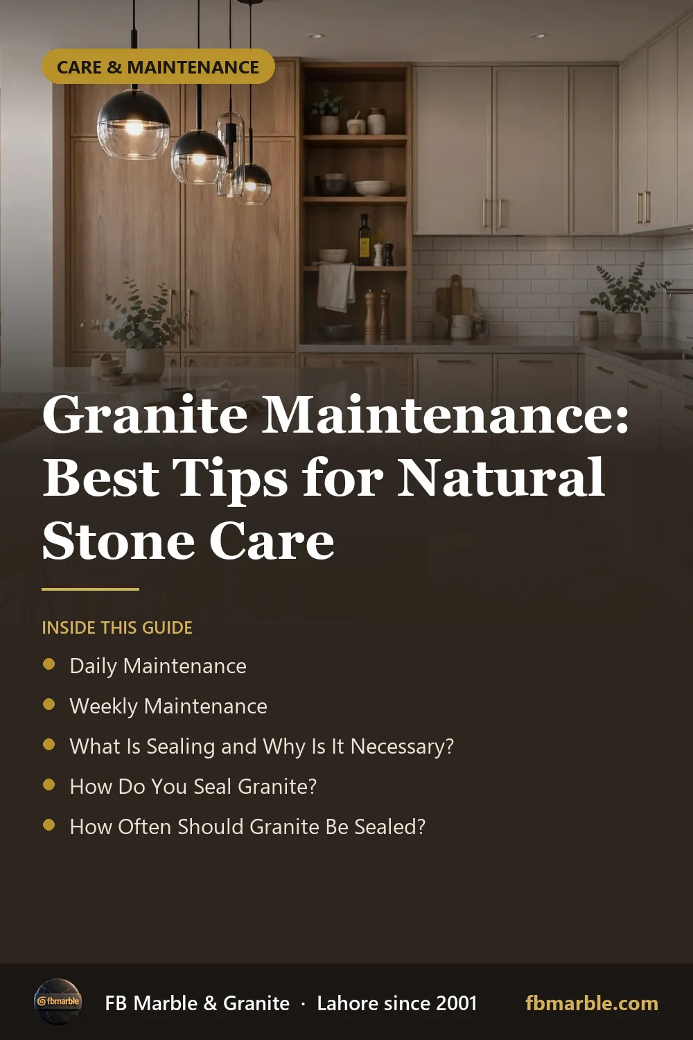 Pinterest graphic: Granite Maintenance: Best Tips for Natural Stone Care – FB Marble guide