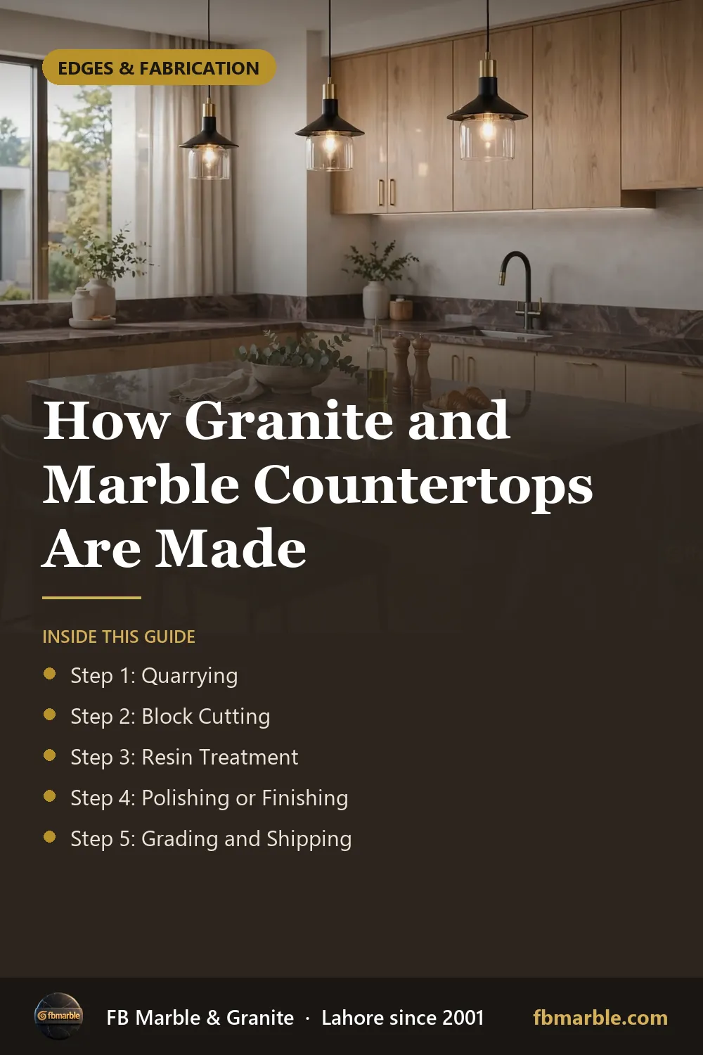 Pinterest graphic: How Granite and Marble Countertops Are Made – FB Marble guide