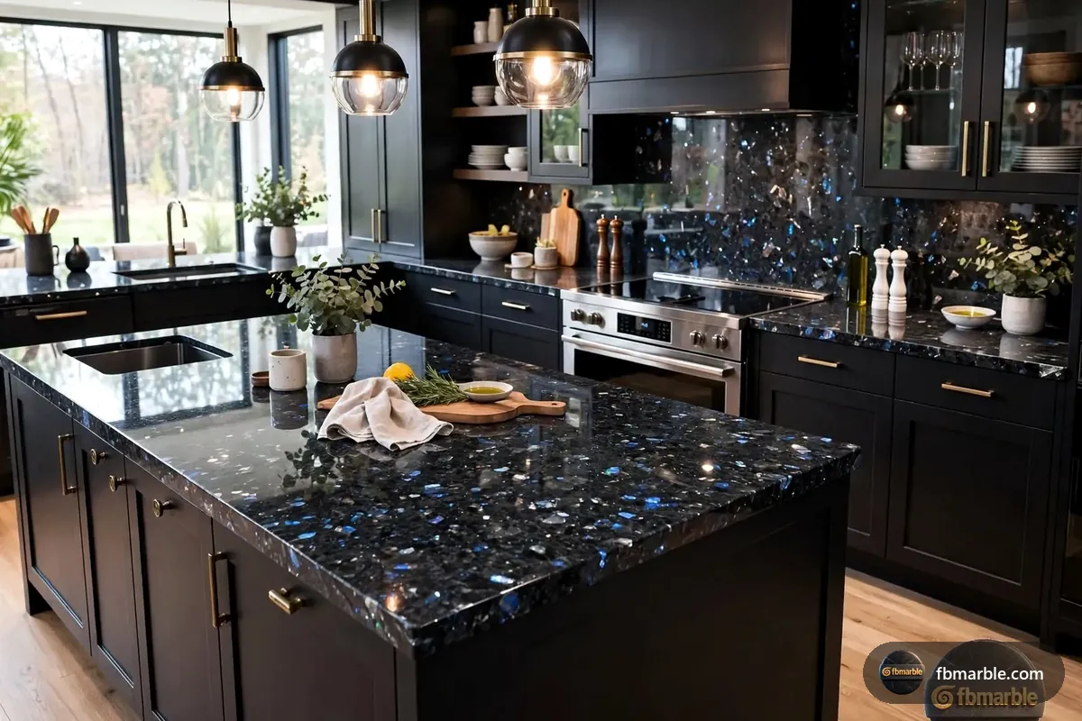 Volga Blue Granite slab from FB Marble Lahore, suited to finished installed countertop