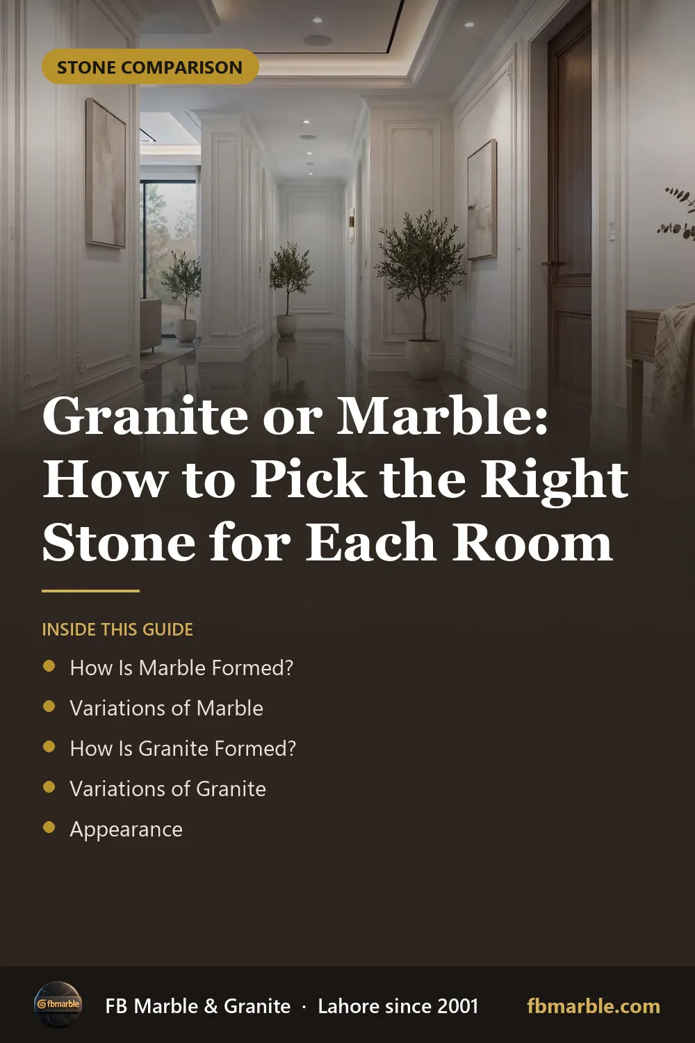 Pinterest graphic: Granite or Marble: How to Pick the Right Stone for Each Room – FB Marble guide